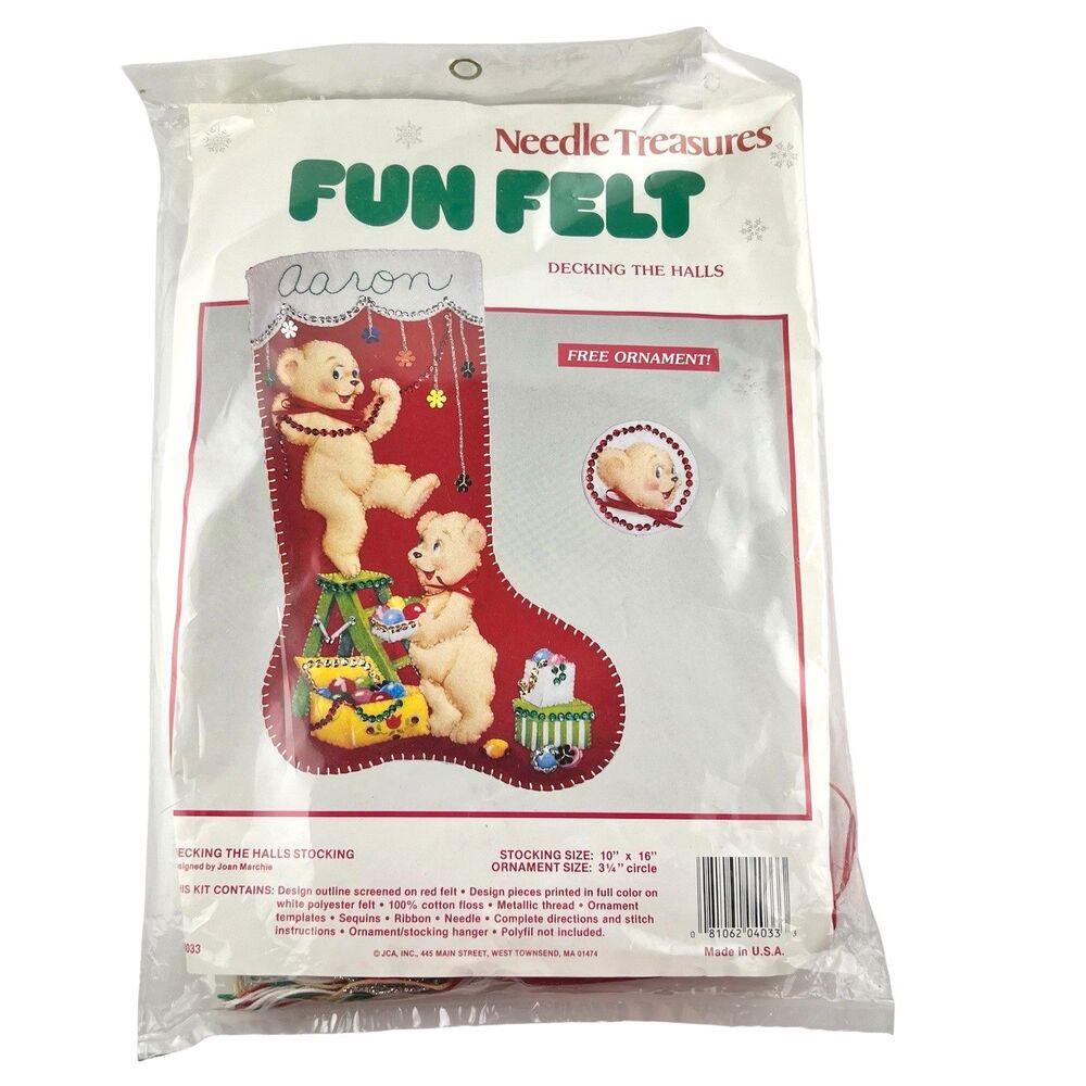 Vtg Needle Treasures Christmas Stocking Kit Decking Halls Fun Felt Teddy Bear
